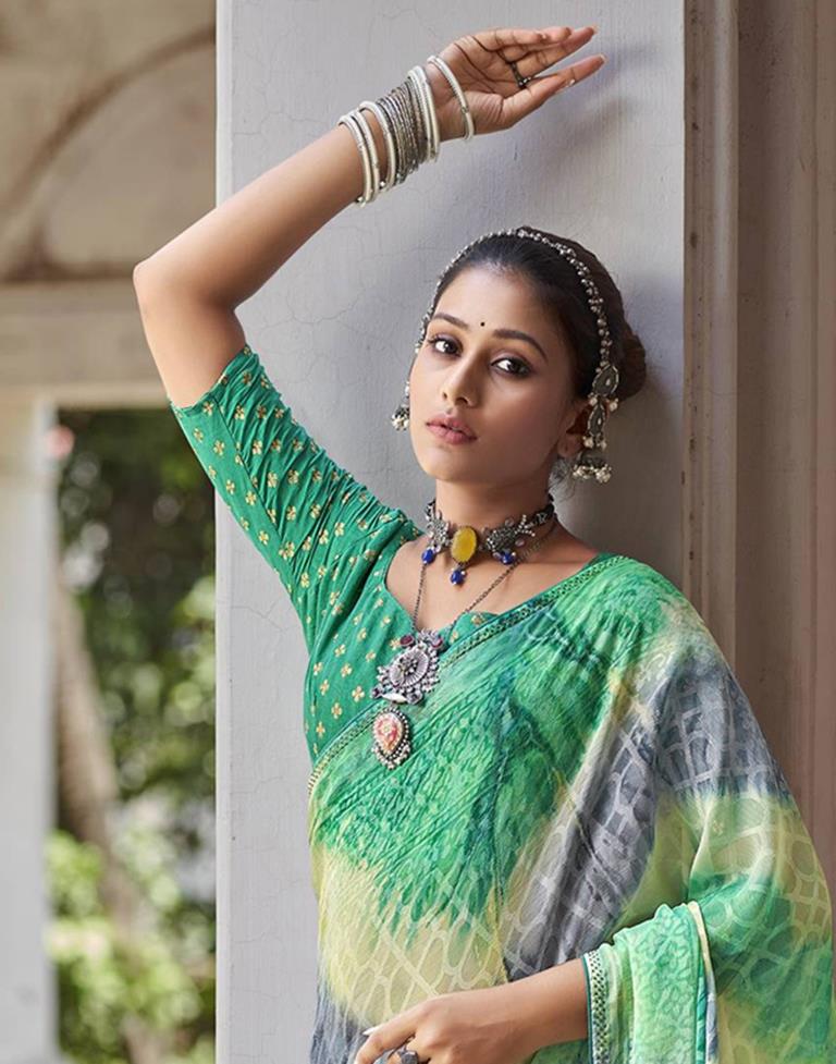 Turquoise Green Printed Brasso Saree