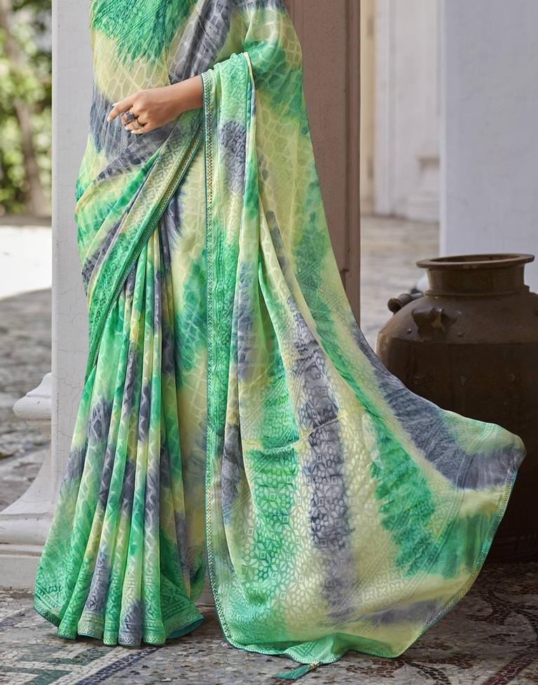 Turquoise Green Printed Brasso Saree