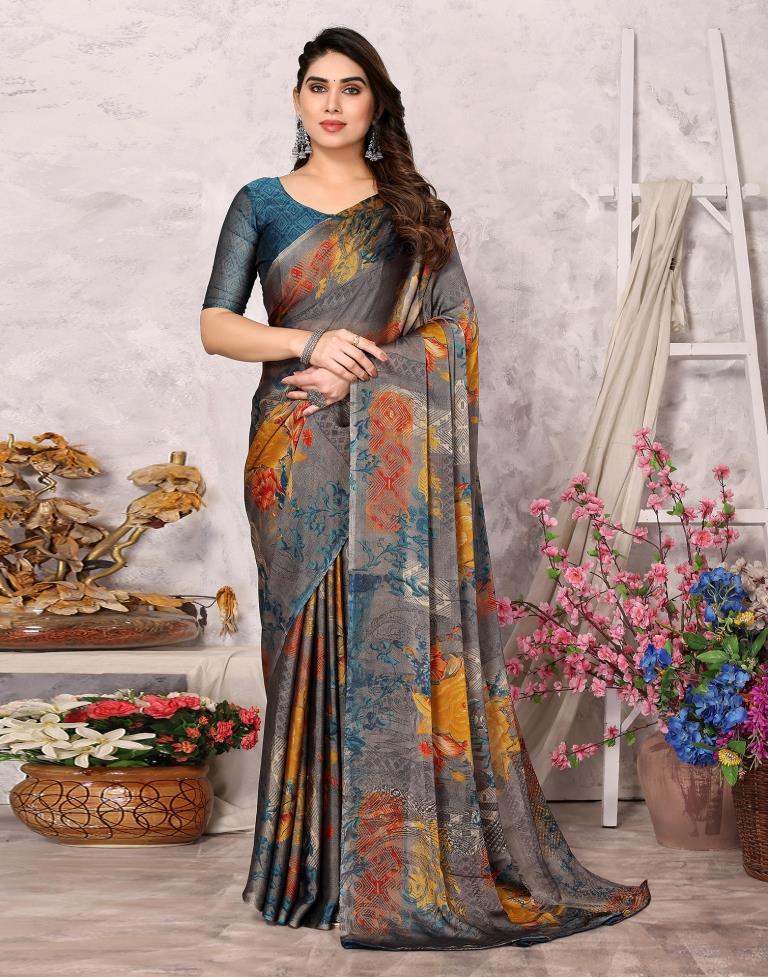 Grey Printed Chiffon Saree