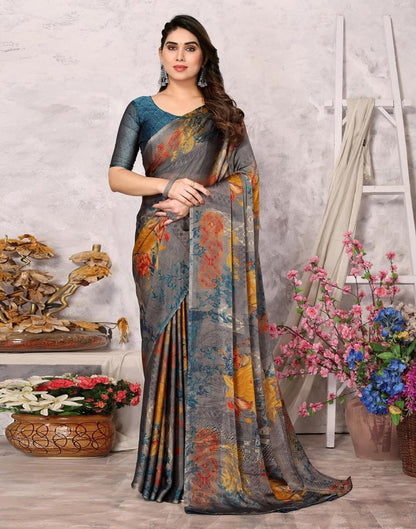 Grey Printed Chiffon Saree
