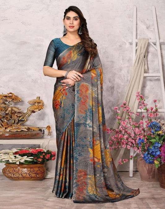 Grey Printed Chiffon Saree