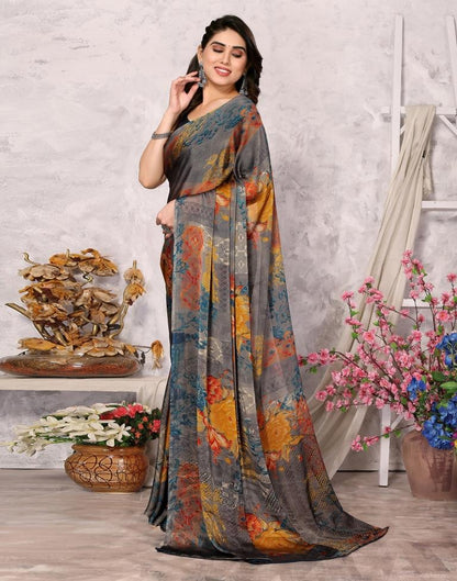 Grey Printed Chiffon Saree