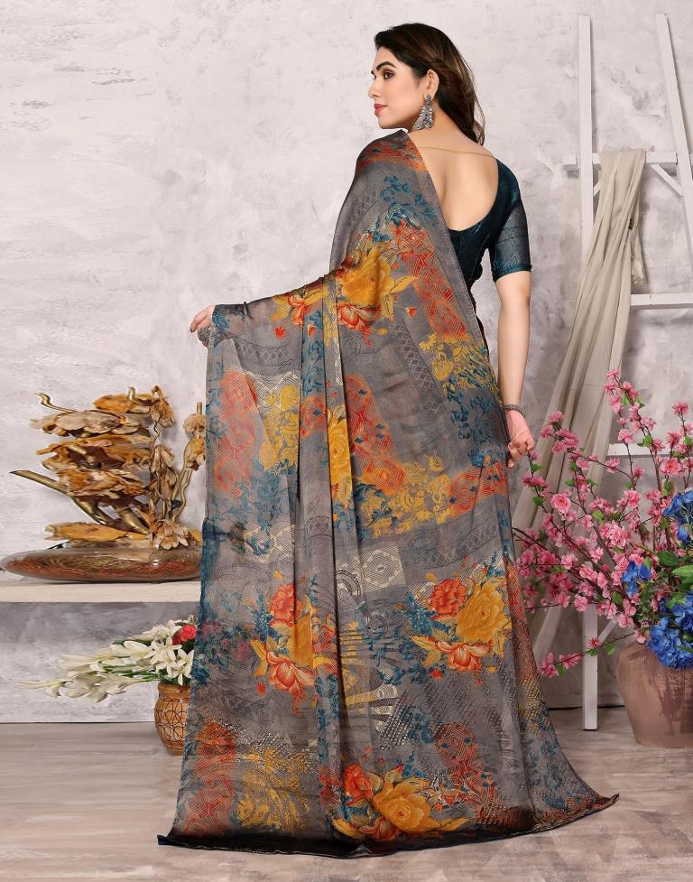Grey Printed Chiffon Saree