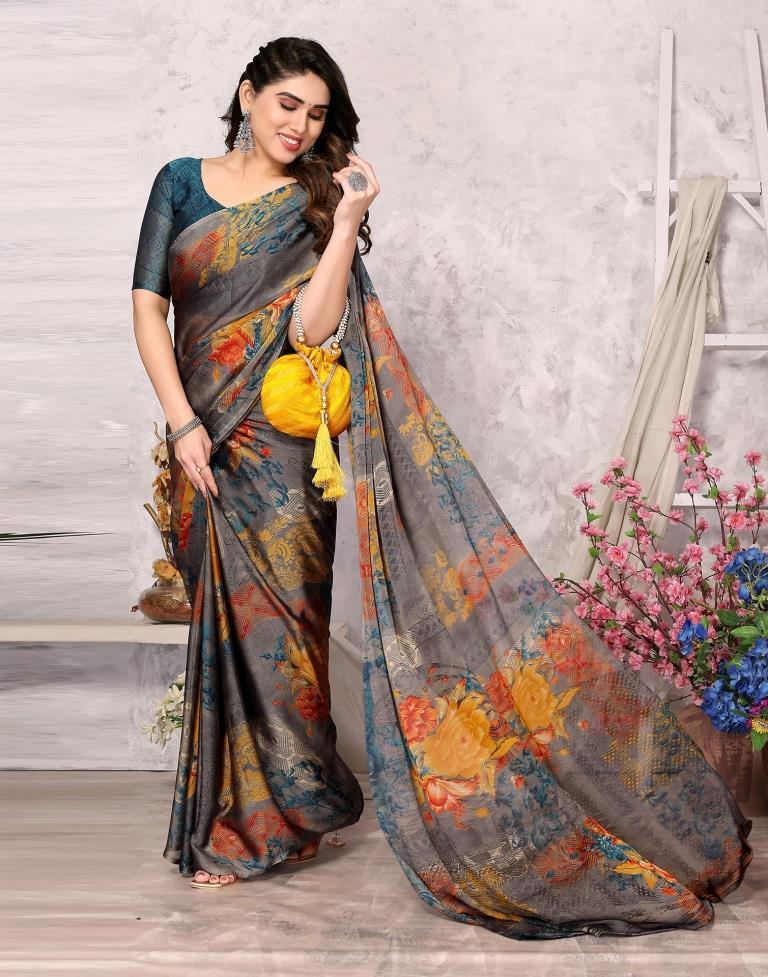 Grey Printed Chiffon Saree