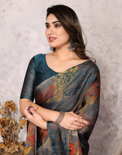 Grey Printed Chiffon Saree