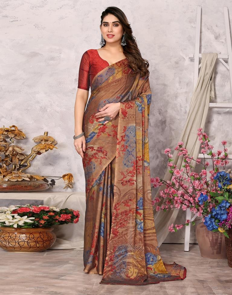 Brown Printed Chiffon Saree