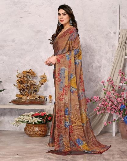 Brown Printed Chiffon Saree
