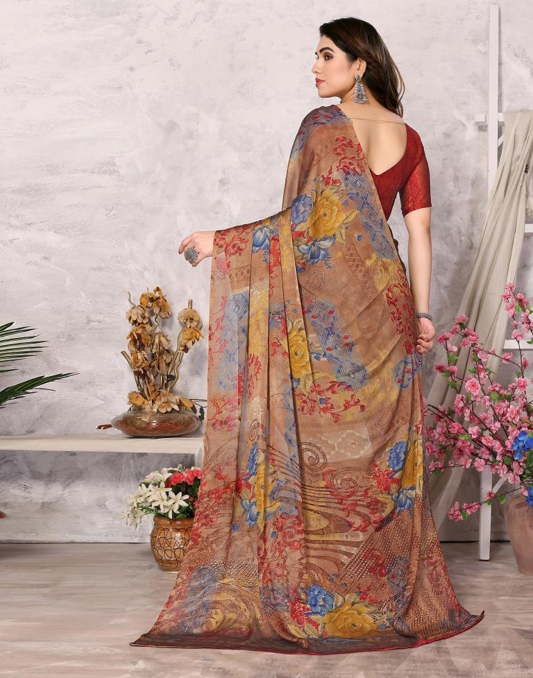 Brown Printed Chiffon Saree