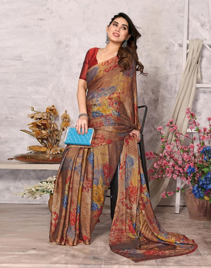 Brown Printed Chiffon Saree