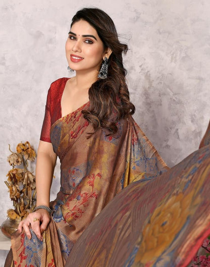 Brown Printed Chiffon Saree