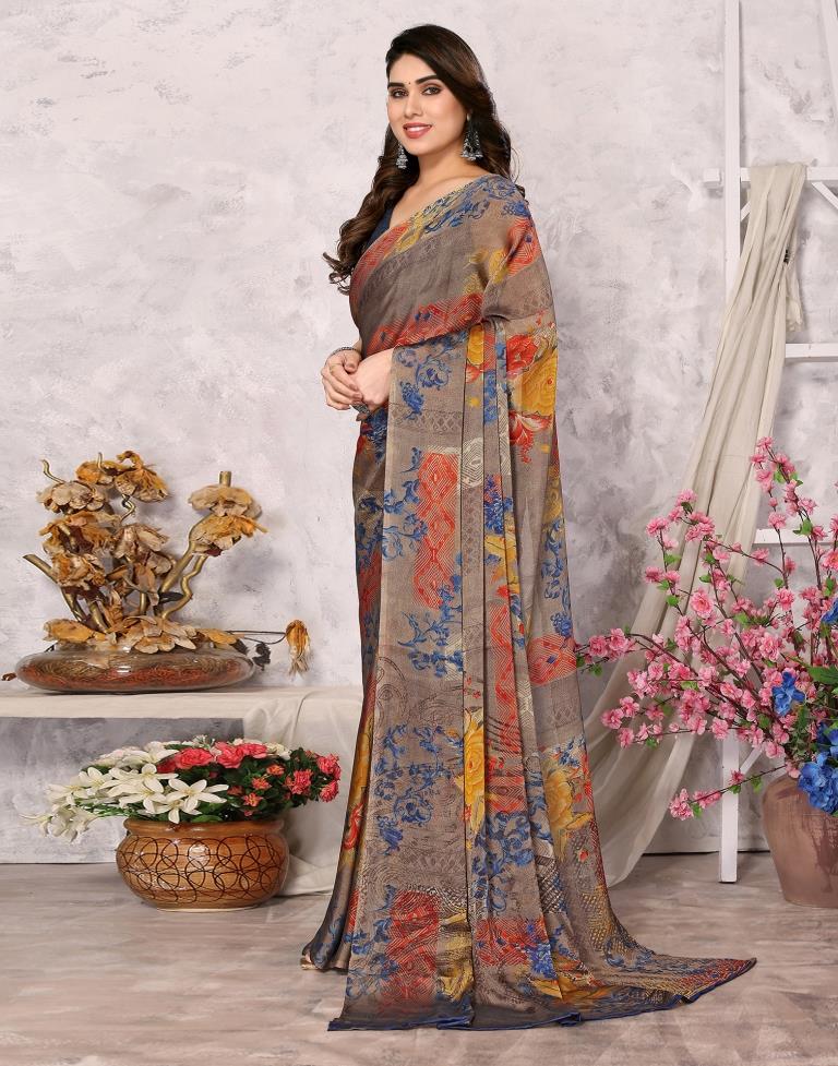 Beige Printed Chiffon Saree