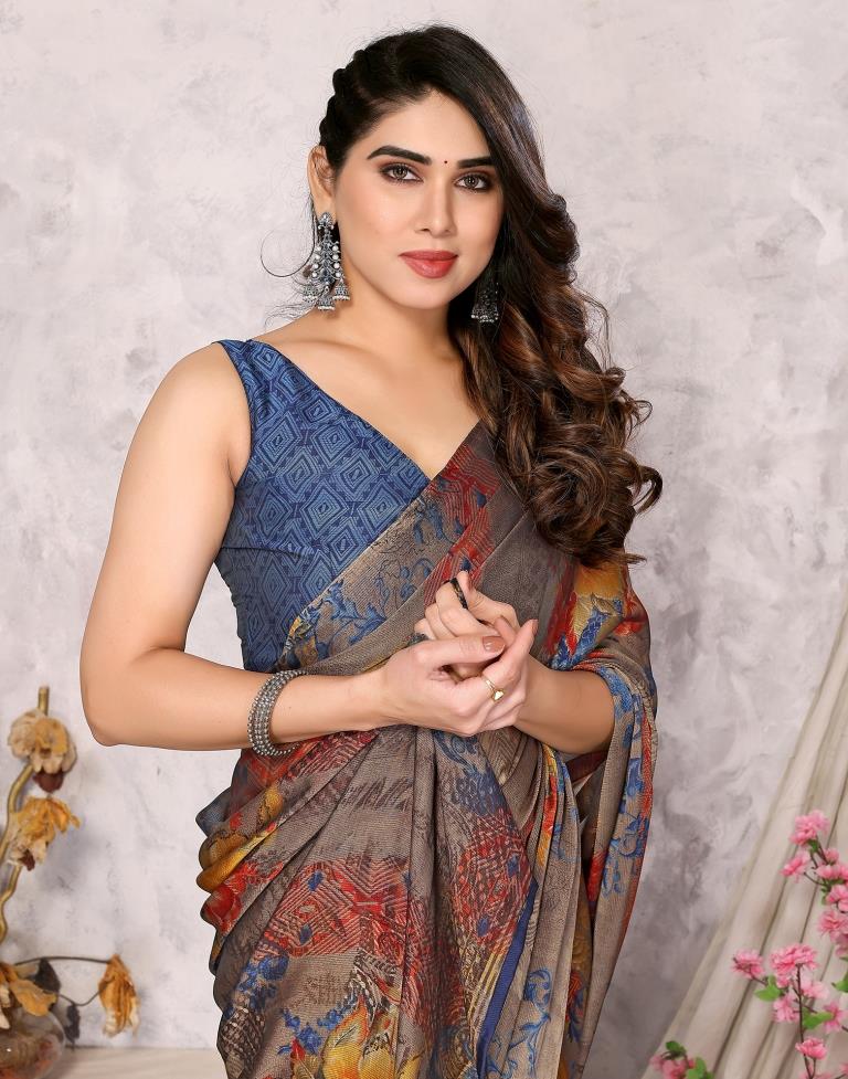 Beige Printed Chiffon Saree