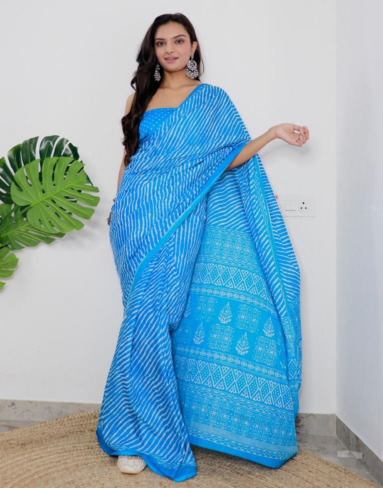 Sky Blue Printed Cotton Saree