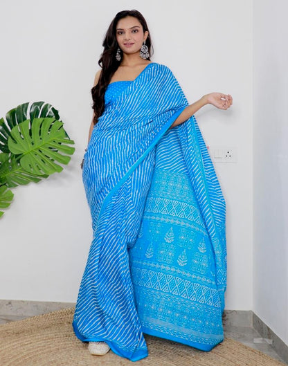 Sky Blue Printed Cotton Saree