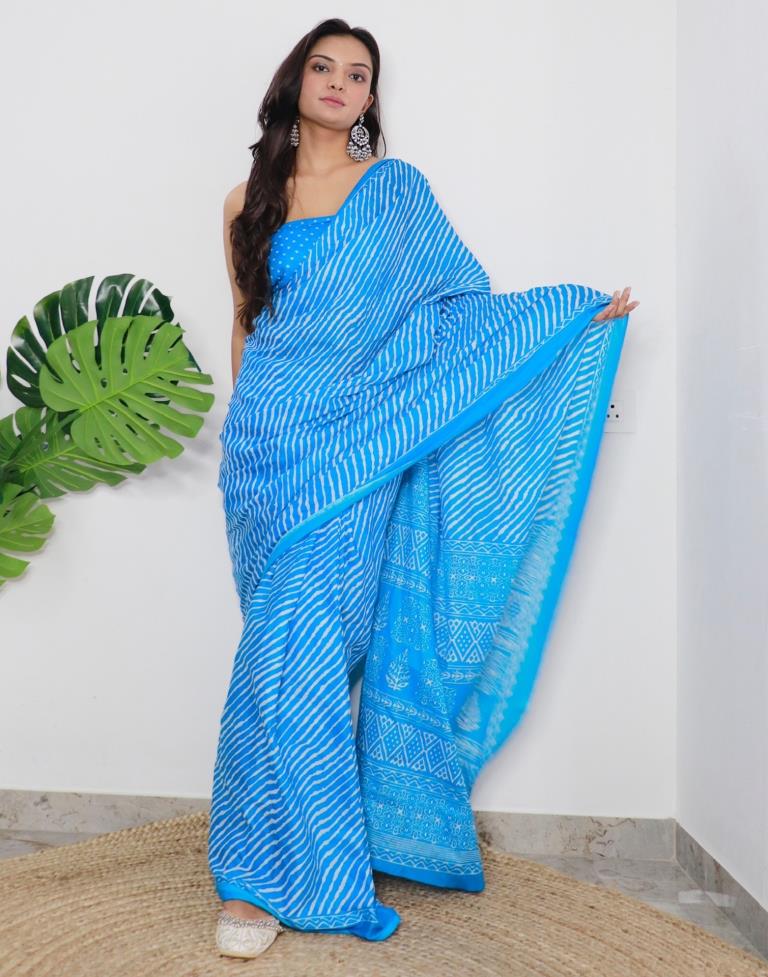 Sky Blue Printed Cotton Saree