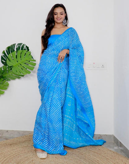 Sky Blue Printed Cotton Saree