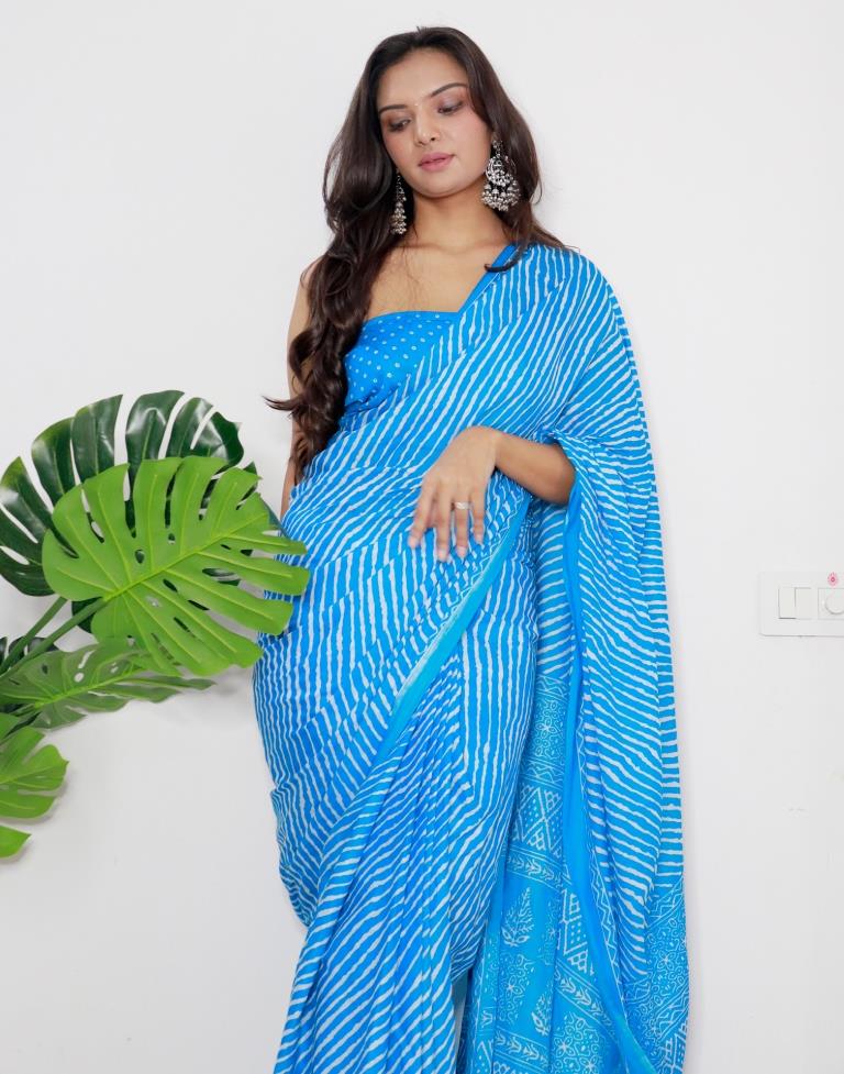 Sky Blue Printed Cotton Saree