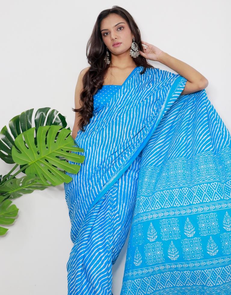 Sky Blue Printed Cotton Saree