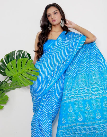 Sky Blue Printed Cotton Saree