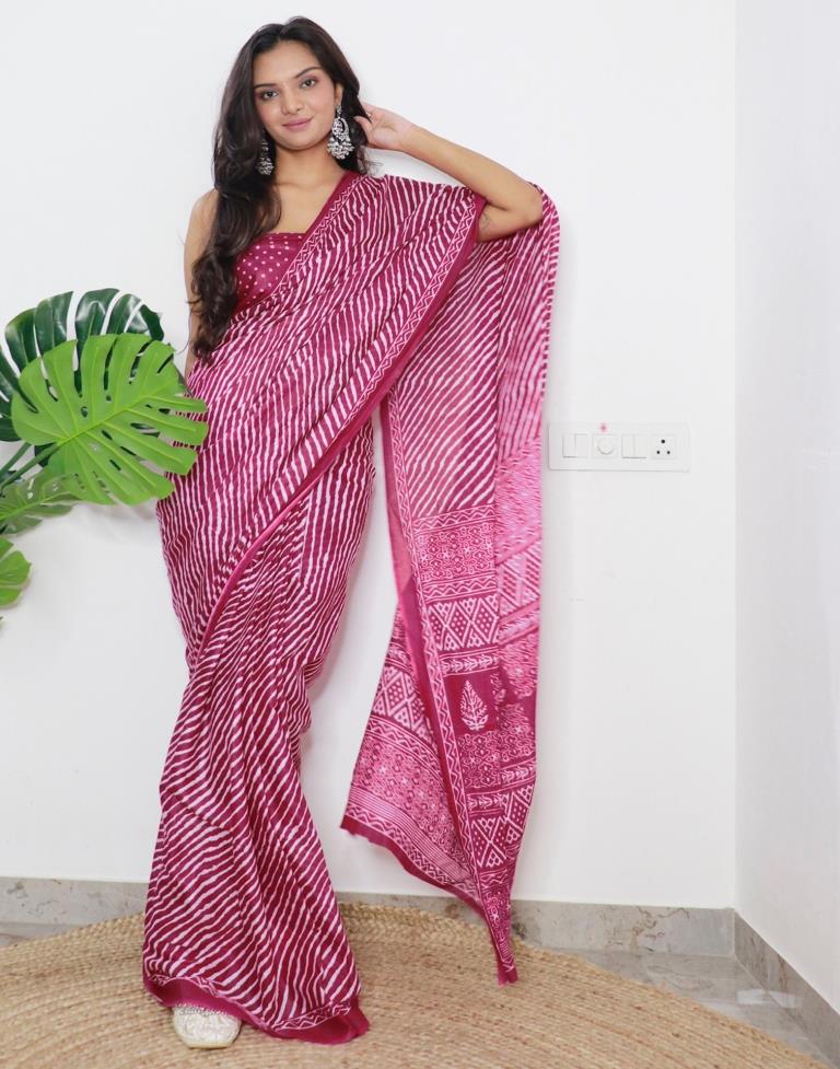 Cherry Pink Printed Cotton Saree
