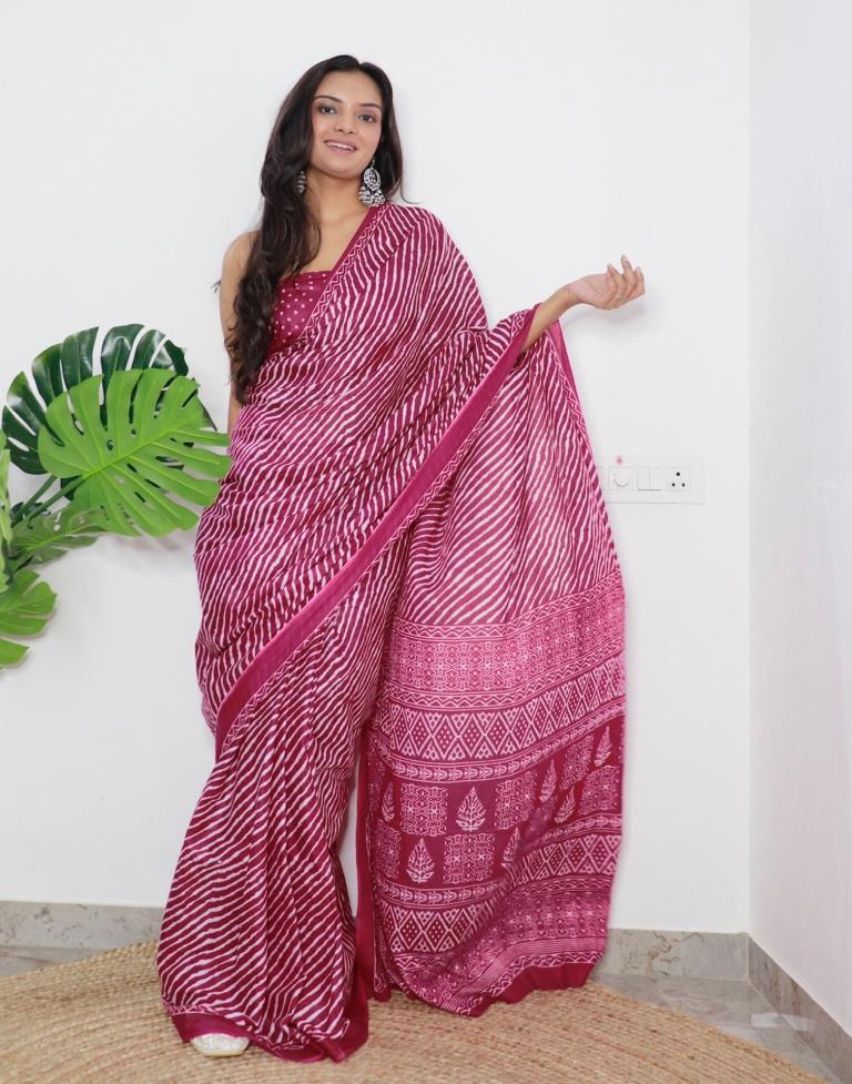 Cherry Pink Printed Cotton Saree