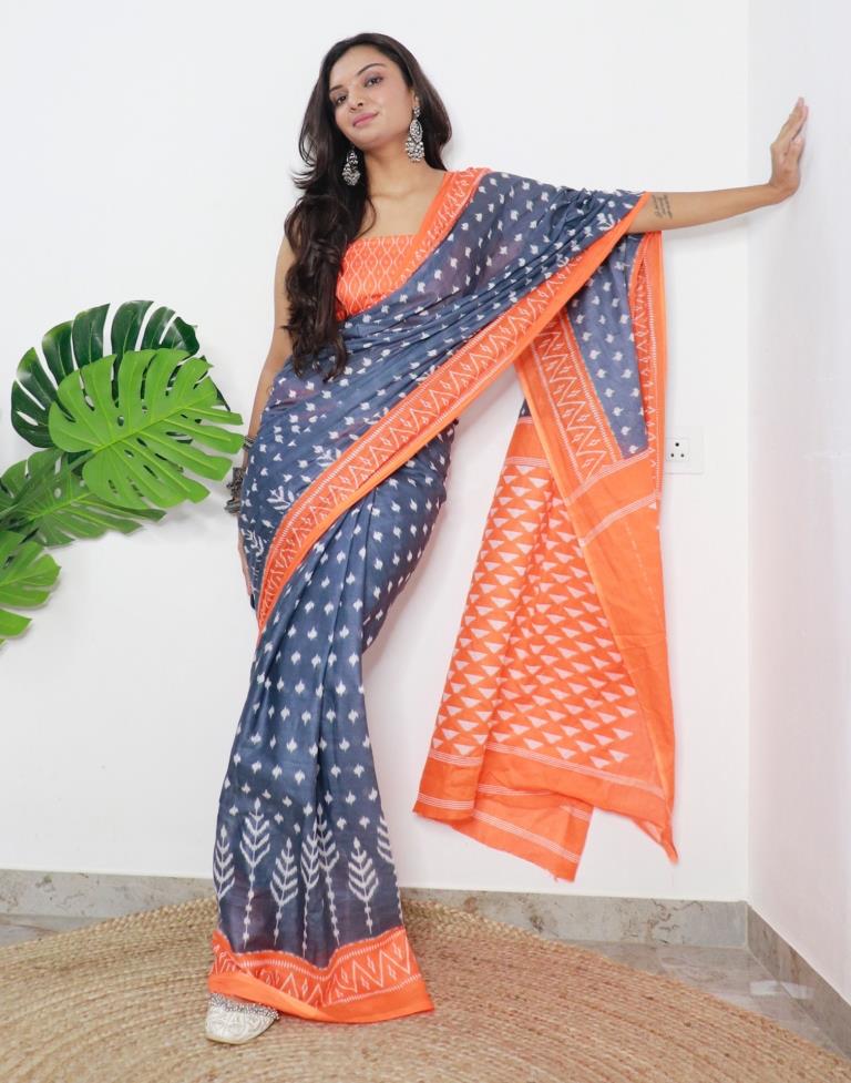 Grey Printed Cotton Saree
