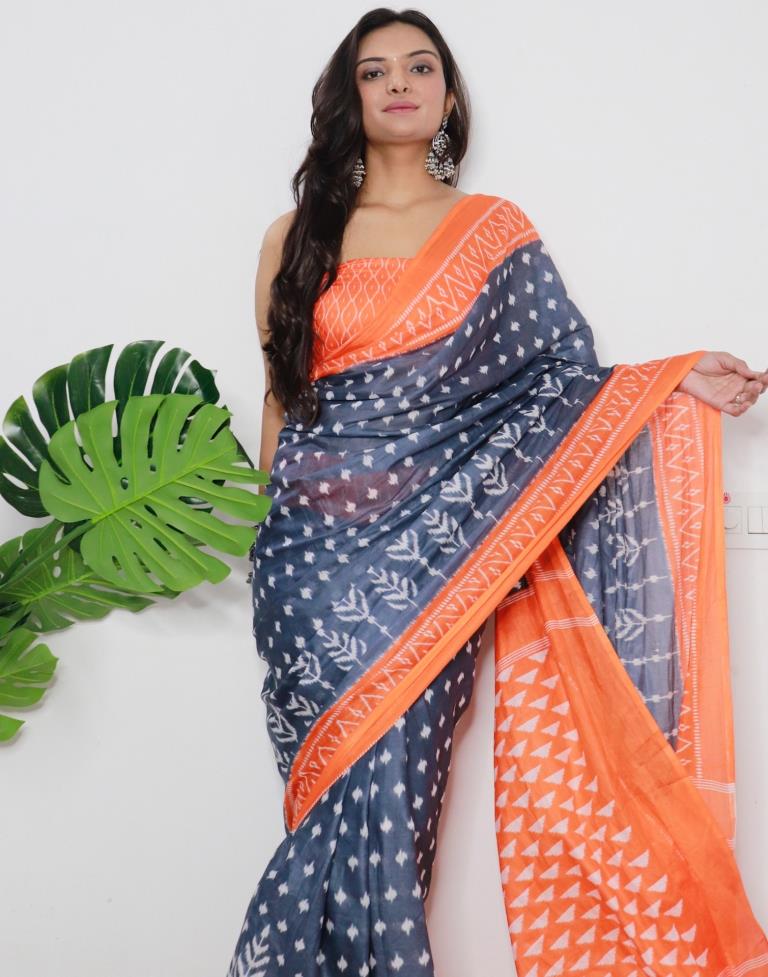 Grey Printed Cotton Saree