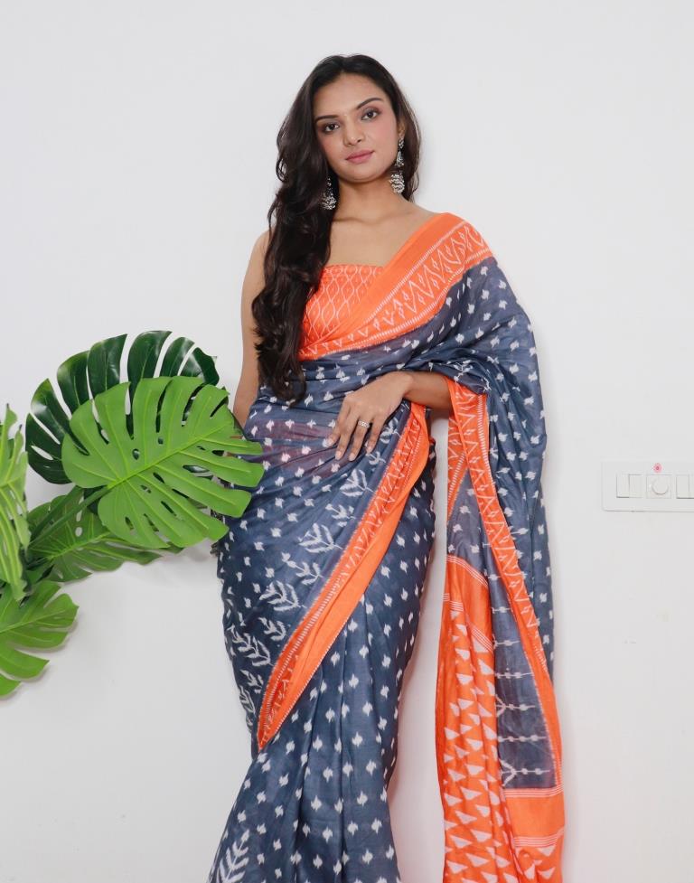 Grey Printed Cotton Saree