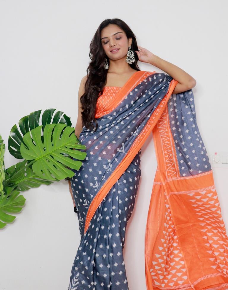 Grey Printed Cotton Saree