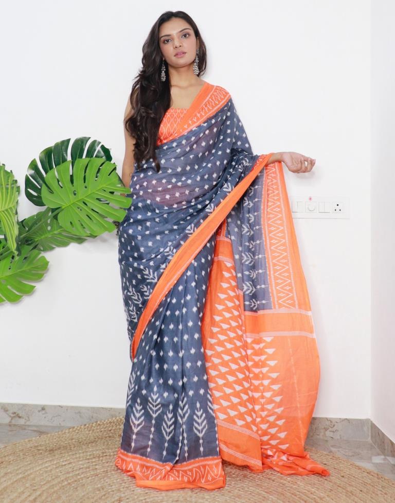 Grey Printed Cotton Saree