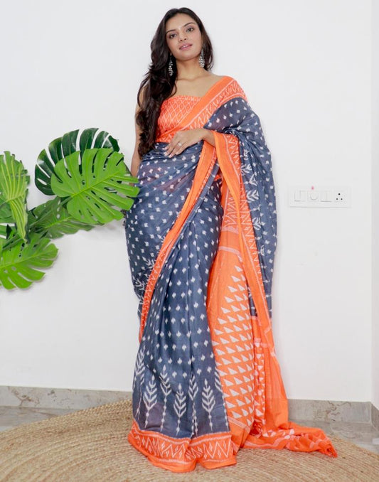 Grey Printed Cotton Saree