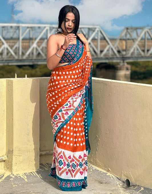 Rust Orange Printed Cotton Saree