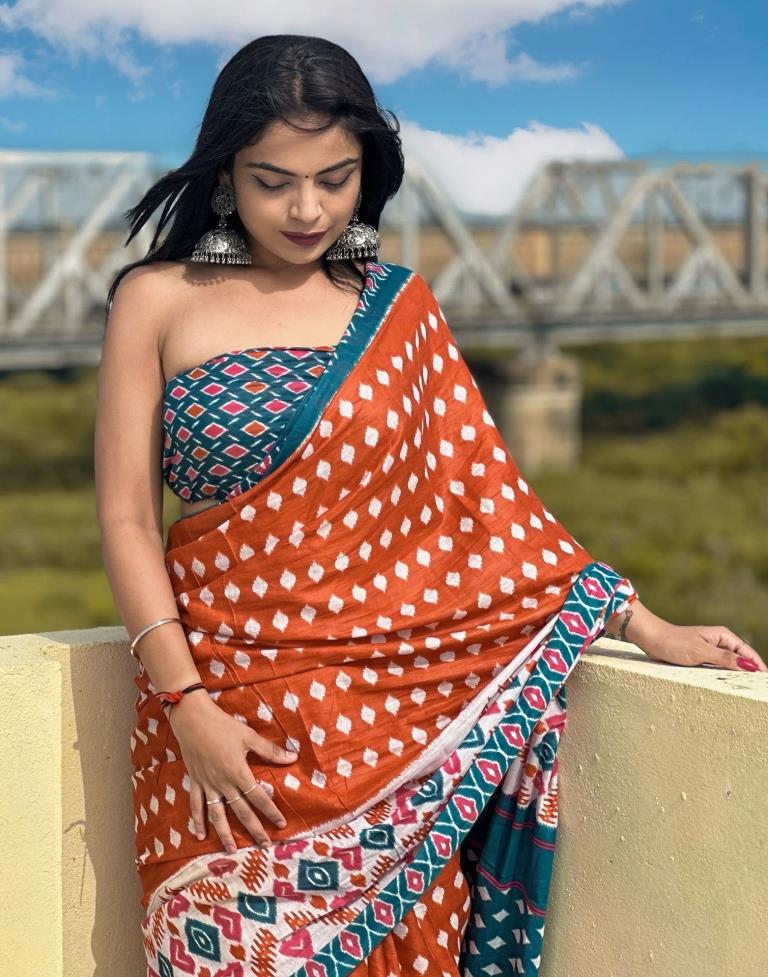 Rust Orange Printed Cotton Saree