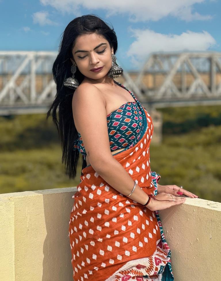 Rust Orange Printed Cotton Saree