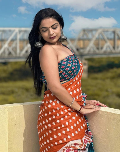 Rust Orange Printed Cotton Saree