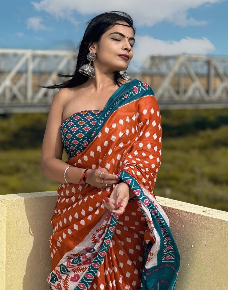 Rust Orange Printed Cotton Saree