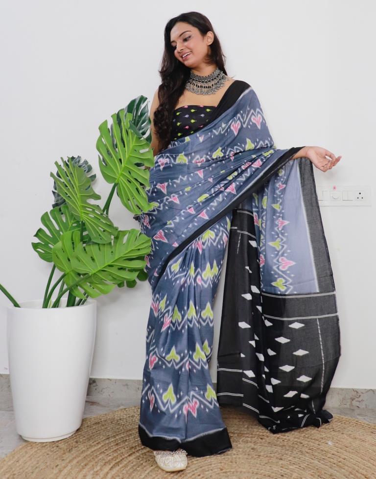 Grey Printed Cotton Saree