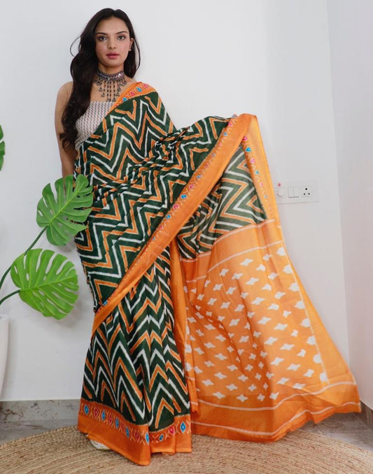 Green Printed Cotton Saree