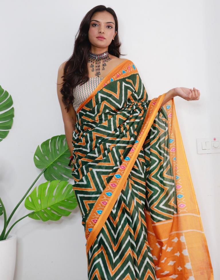 Green Printed Cotton Saree