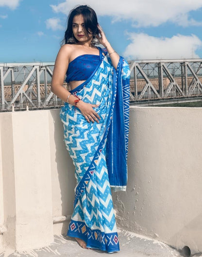 Blue Printed Cotton Saree