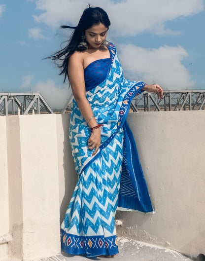 Blue Printed Cotton Saree