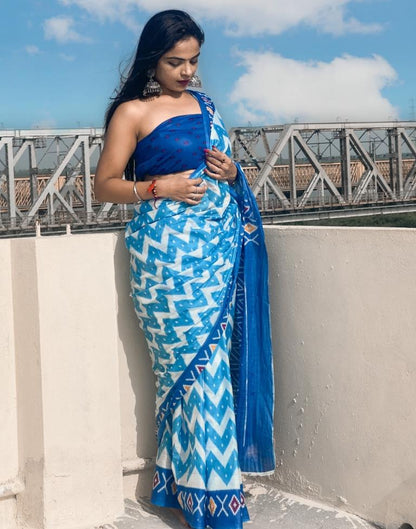 Blue Printed Cotton Saree