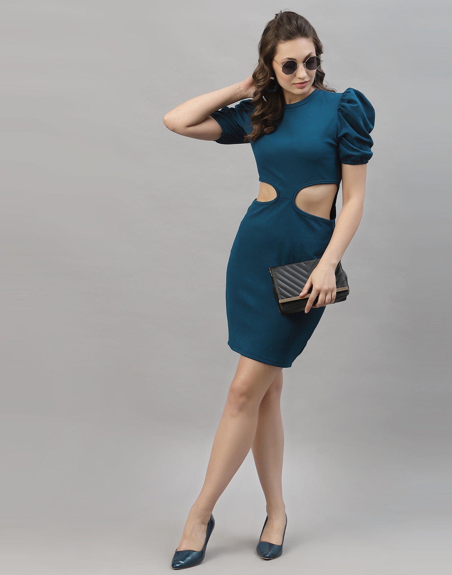 Teal Blue Puff Sleeve Bodycon Dress | Sudathi