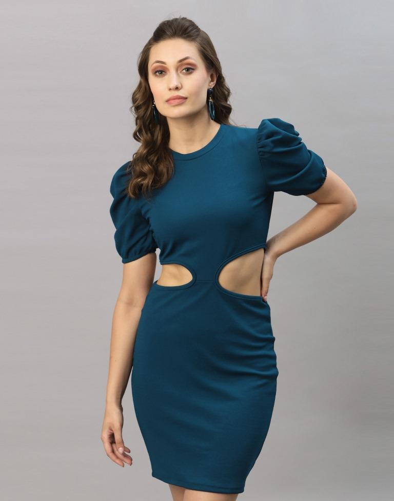 Teal Blue Puff Sleeve Bodycon Dress | Sudathi