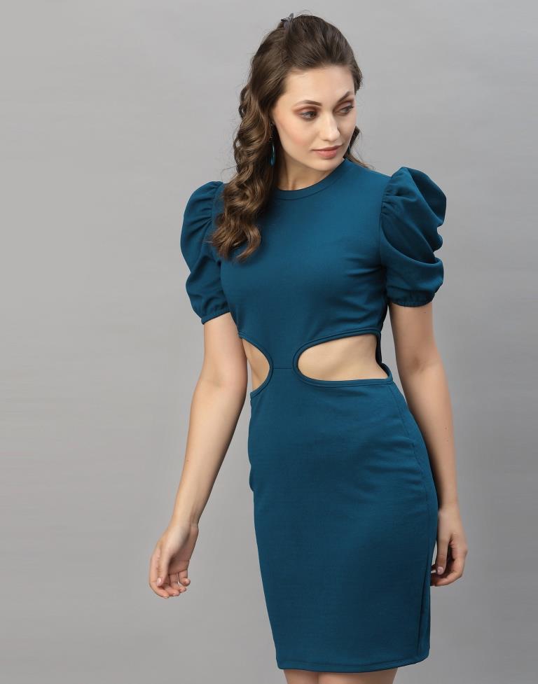 Teal Blue Puff Sleeve Bodycon Dress | Sudathi
