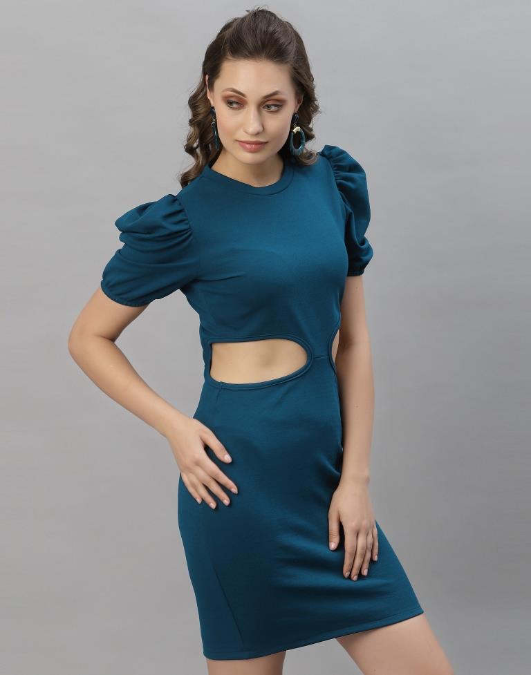 Teal Blue Puff Sleeve Bodycon Dress | Sudathi