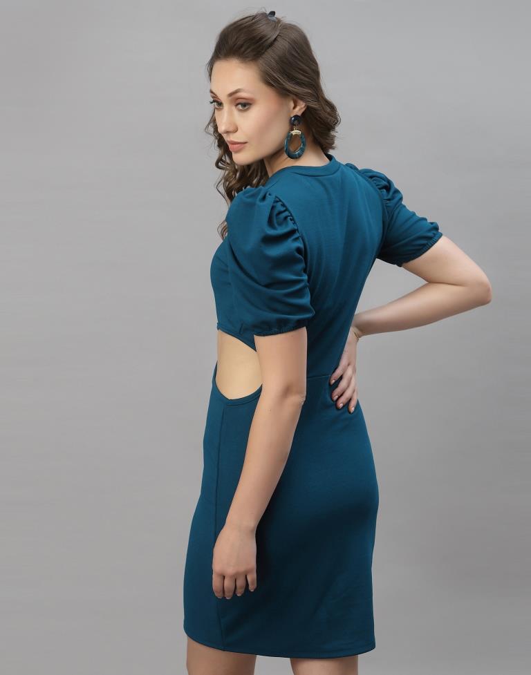 Teal Blue Puff Sleeve Bodycon Dress | Sudathi