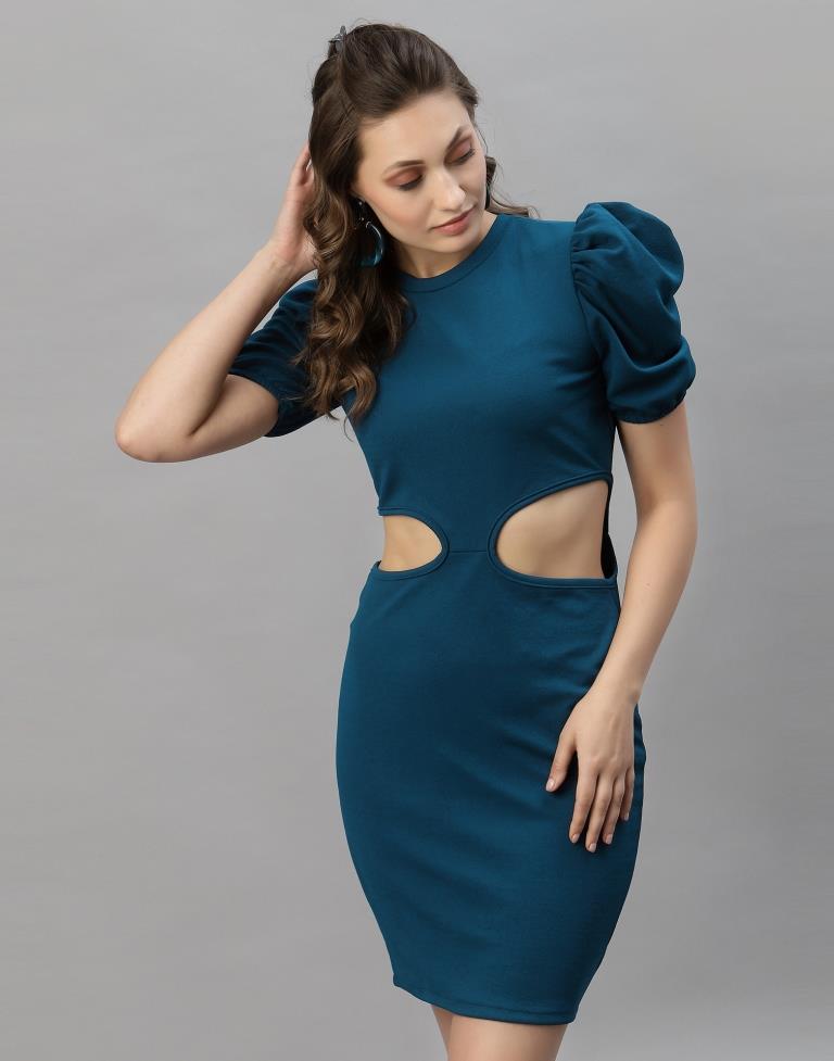 Teal Blue Puff Sleeve Bodycon Dress | Sudathi