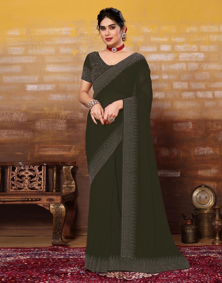Dark Olive Green Plain Georgette Saree