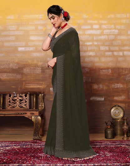 Dark Olive Green Plain Georgette Saree